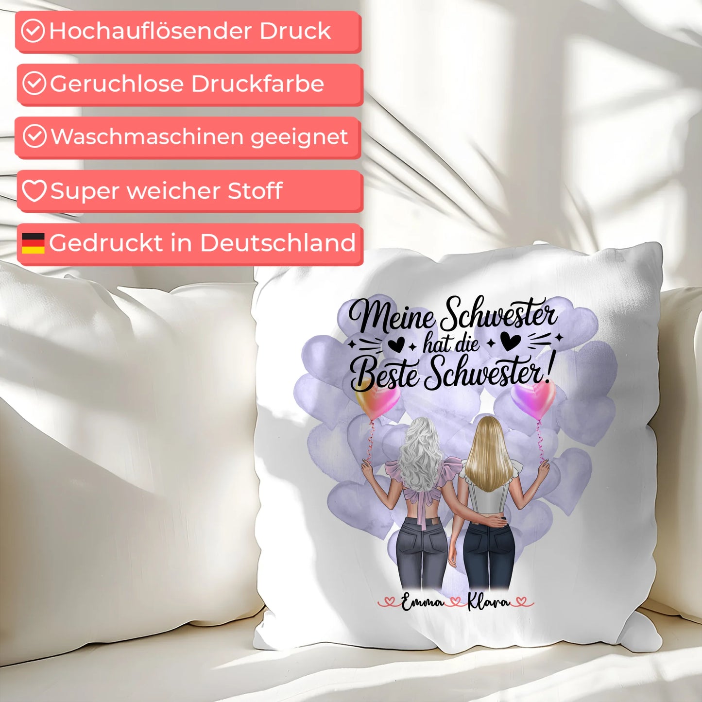 Beste Schwester Kissen personalisiert mit 2 Clipart Frauen, Namen & Wunschtext