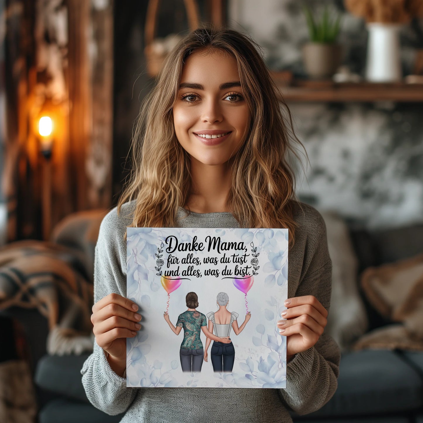 Mama Plakat Fotoboard mit 2 Clipart-Frauen, Namen, Hintergrundbild und Wunschtext