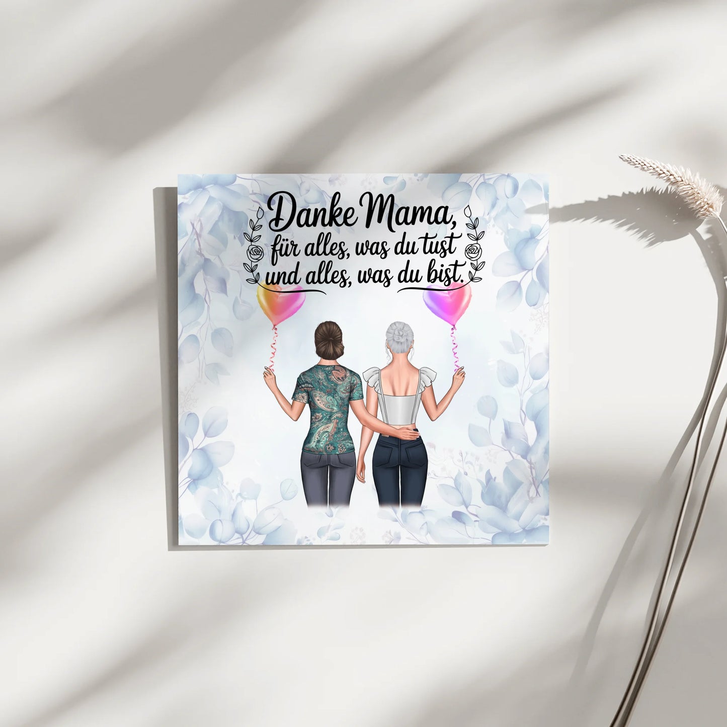 Mama Plakat Fotoboard mit 2 Clipart-Frauen, Namen, Hintergrundbild und Wunschtext