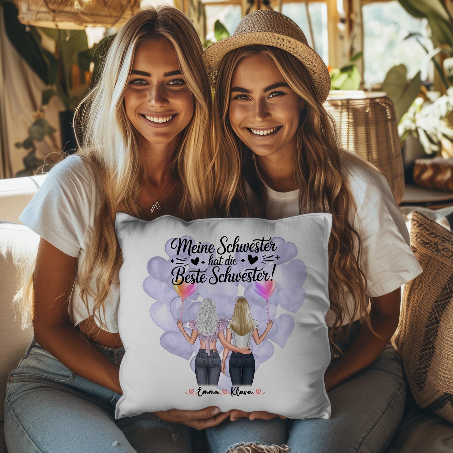 Beste Schwester Kissen personalisiert mit 2 Clipart Frauen, Namen & Wunschtext