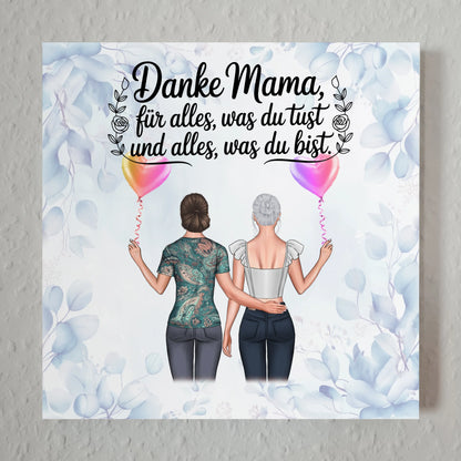 Mama Plakat Fotoboard mit 2 Clipart-Frauen, Namen, Hintergrundbild und Wunschtext