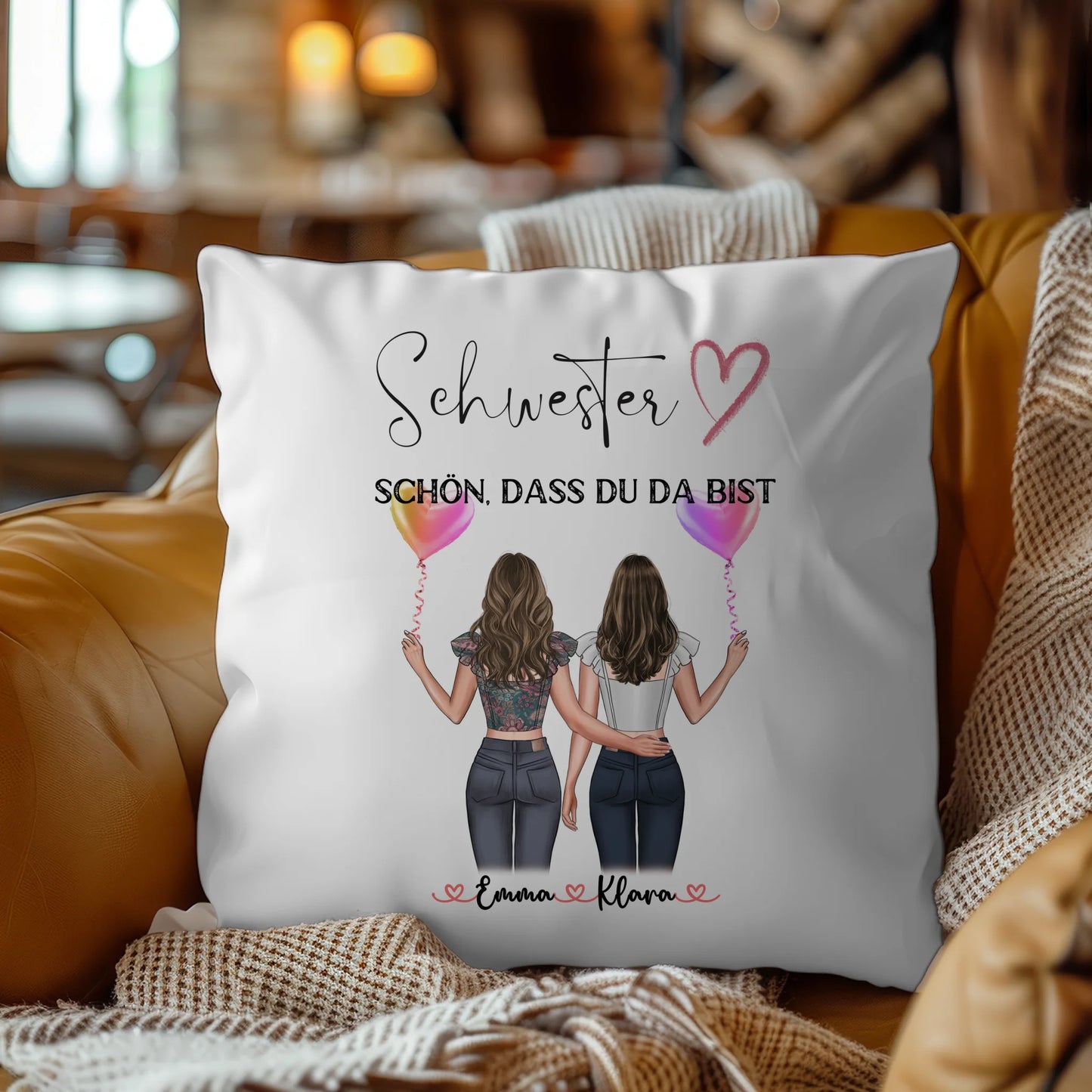 Kissen Große Schwester personalisierbar mit 2 Clipart-Frauen, Namen & Wunschtext