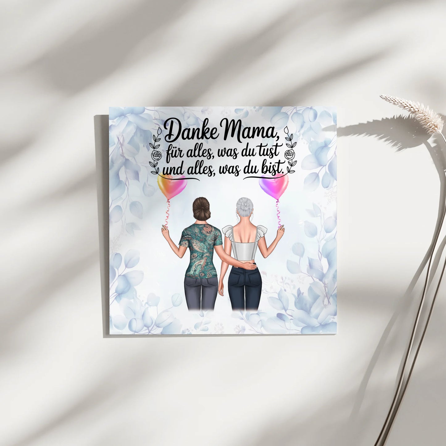 Mama Plakat Fotoboard mit 2 Clipart-Frauen, Namen, Hintergrundbild und Wunschtext