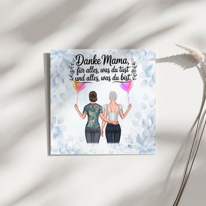 Mama Plakat Fotoboard mit 2 Clipart-Frauen, Namen, Hintergrundbild und Wunschtext