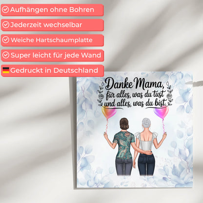 Mama Plakat Fotoboard mit 2 Clipart-Frauen, Namen, Hintergrundbild und Wunschtext