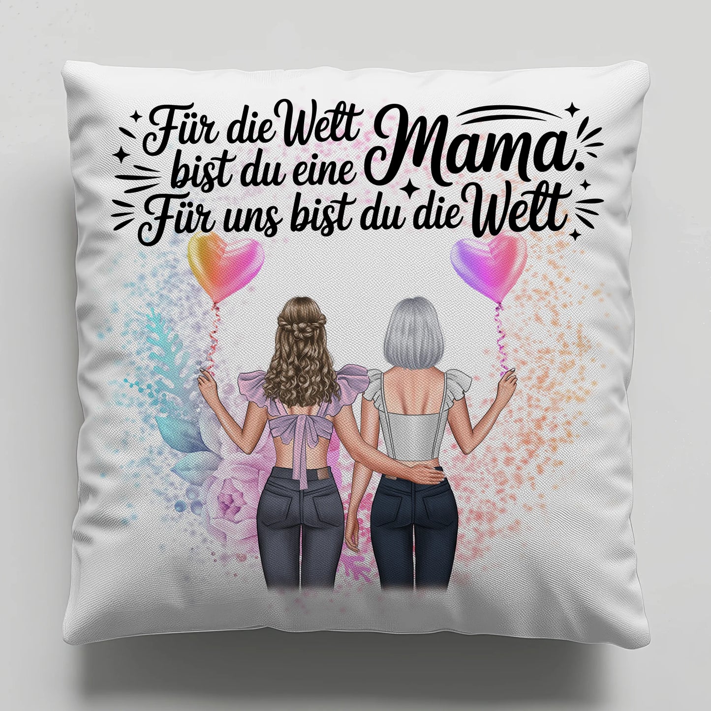 Kissen Für Mama personalisiert mit 2 Clipart Frauen, Namen, Hintergrundbild & Spruch