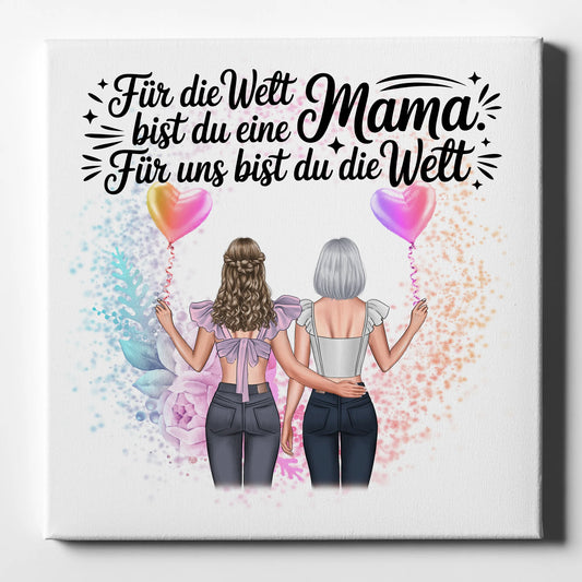 Personalisierte Leinwand Mama mit 2 Clipart Frauen, Namen, Hintergrundbild & Wunschtext