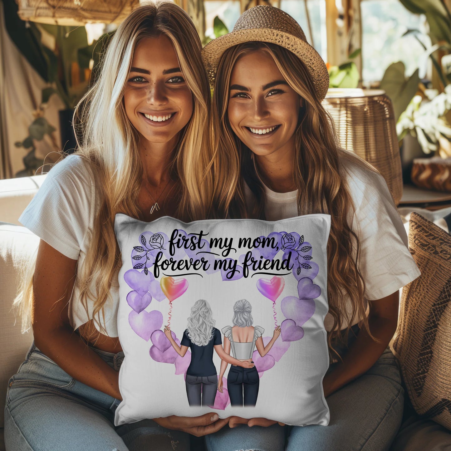 Kissen Mama personalisiert mit 2 Clipart Frauen, Namen, Hintergrundbild, Wunschtext