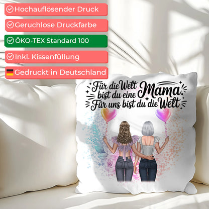 Kissen Für Mama personalisiert mit 2 Clipart Frauen, Namen, Hintergrundbild & Spruch