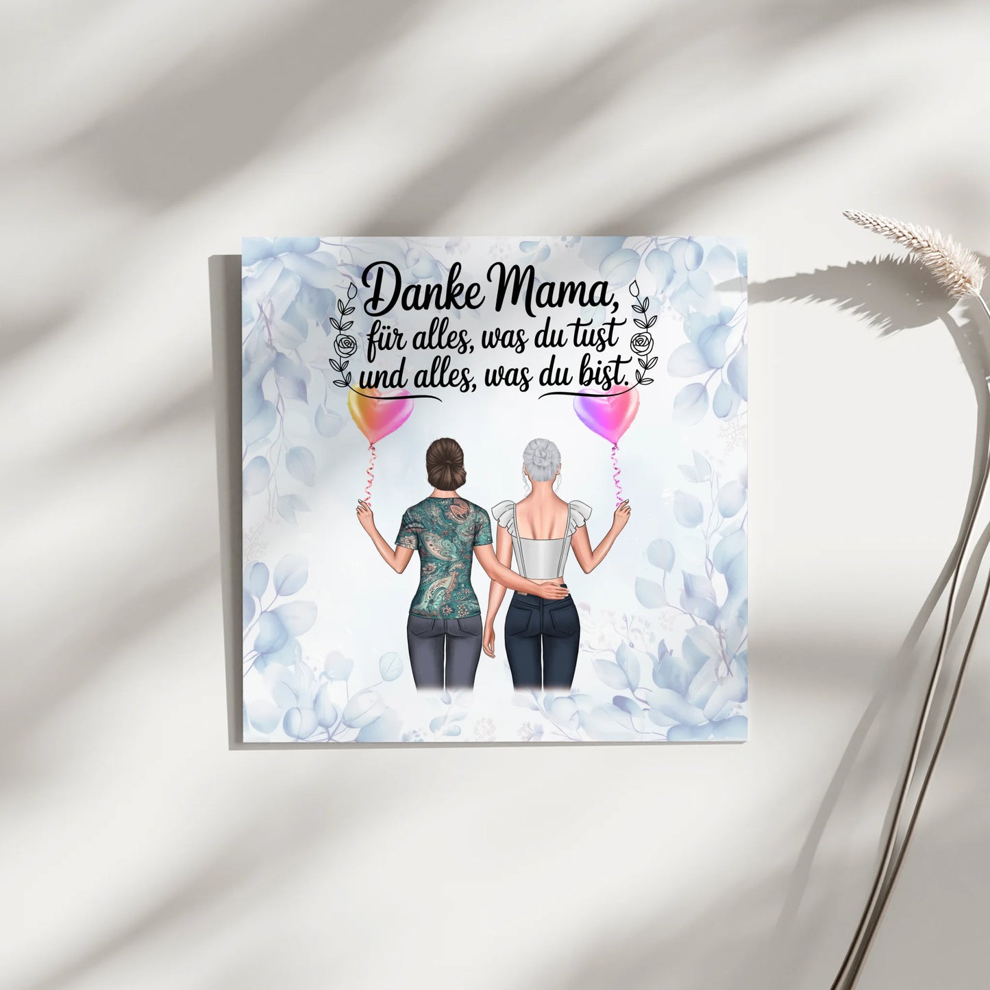 Mama Plakat Fotoboard mit 2 Clipart-Frauen, Namen, Hintergrundbild und Wunschtext