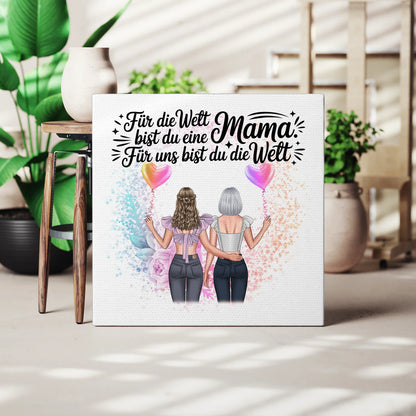 Personalisierte Leinwand Mama mit 2 Clipart Frauen, Namen, Hintergrundbild & Wunschtext