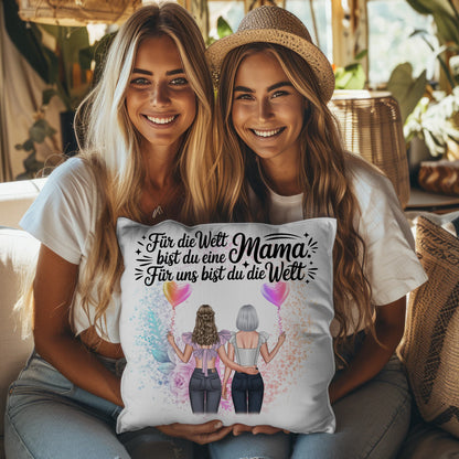 Kissen Für Mama personalisiert mit 2 Clipart Frauen, Namen, Hintergrundbild & Spruch