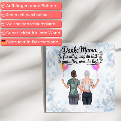 Mama Plakat Fotoboard mit 2 Clipart-Frauen, Namen, Hintergrundbild und Wunschtext