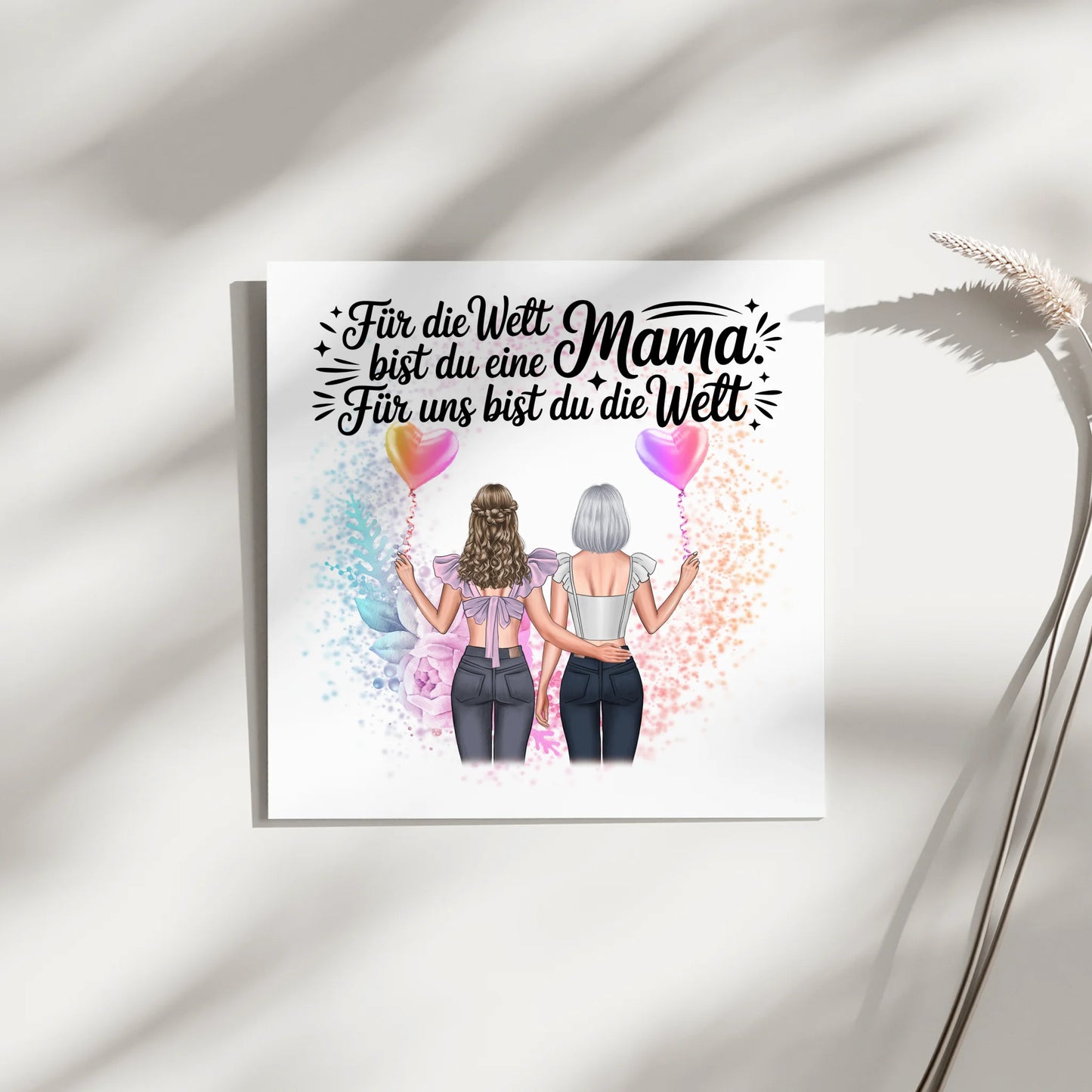 Personalisierte Leinwand Mama mit 2 Clipart Frauen, Namen, Hintergrundbild & Wunschtext