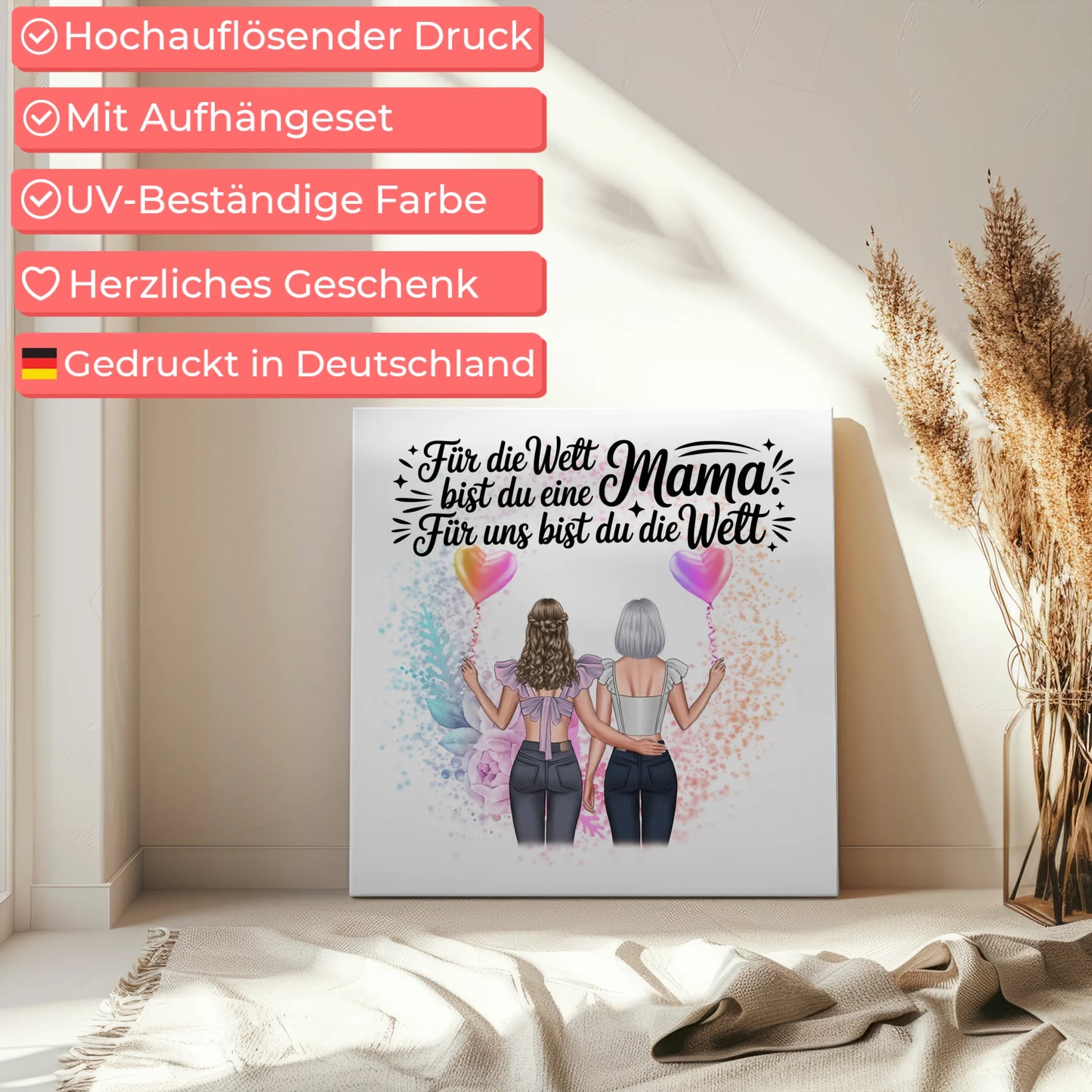 Personalisierte Leinwand Mama mit 2 Clipart Frauen, Namen, Hintergrundbild & Wunschtext