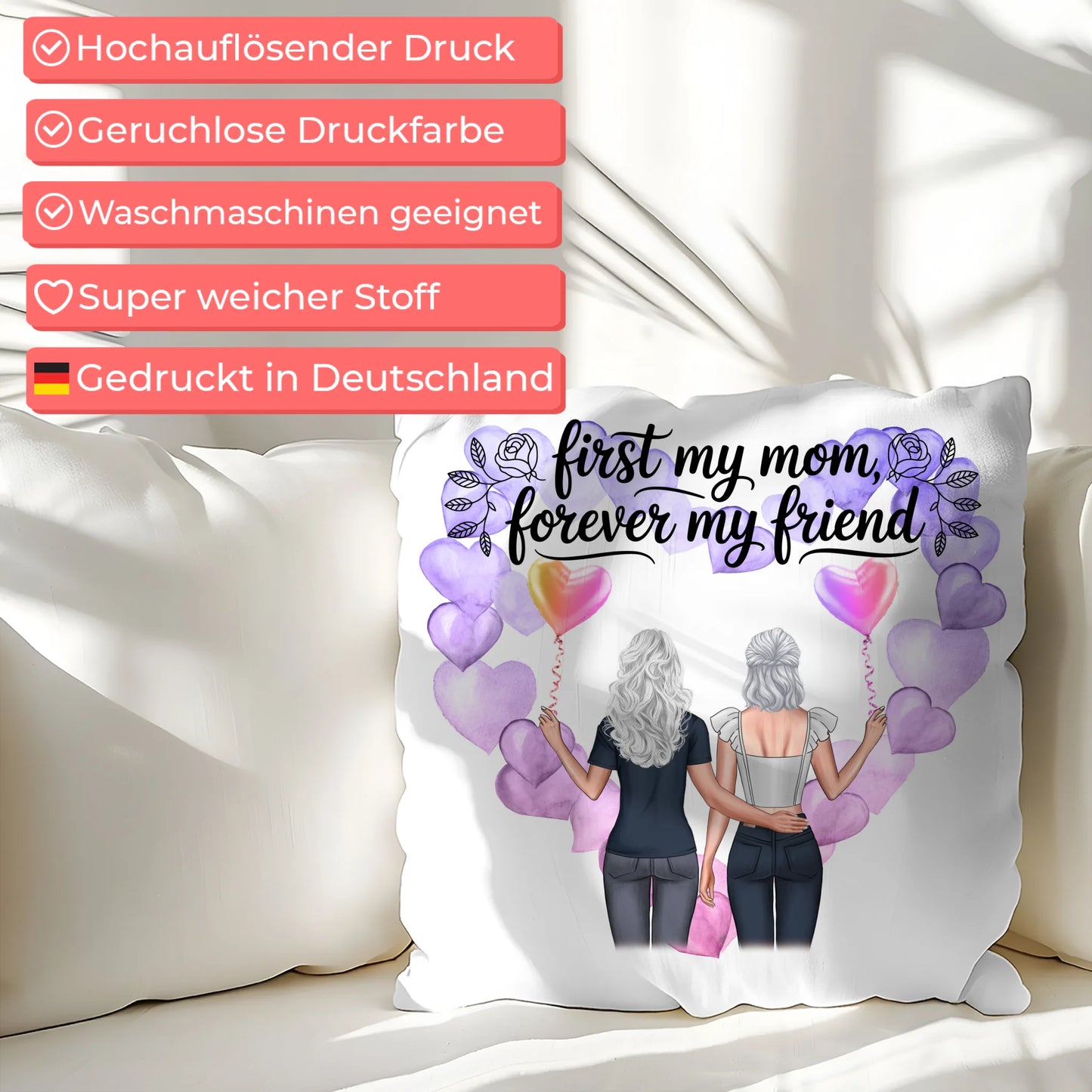 Kissen Mama personalisiert mit 2 Clipart Frauen, Namen, Hintergrundbild, Wunschtext