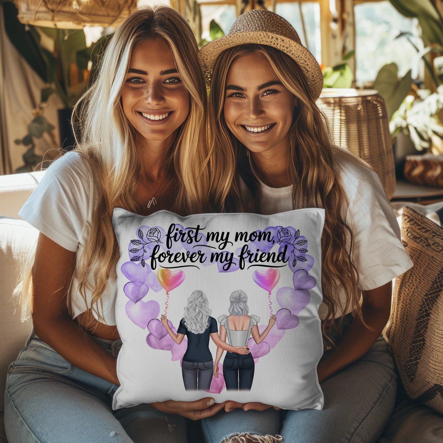 Kissen Mama personalisiert mit 2 Clipart Frauen, Namen, Hintergrundbild, Wunschtext