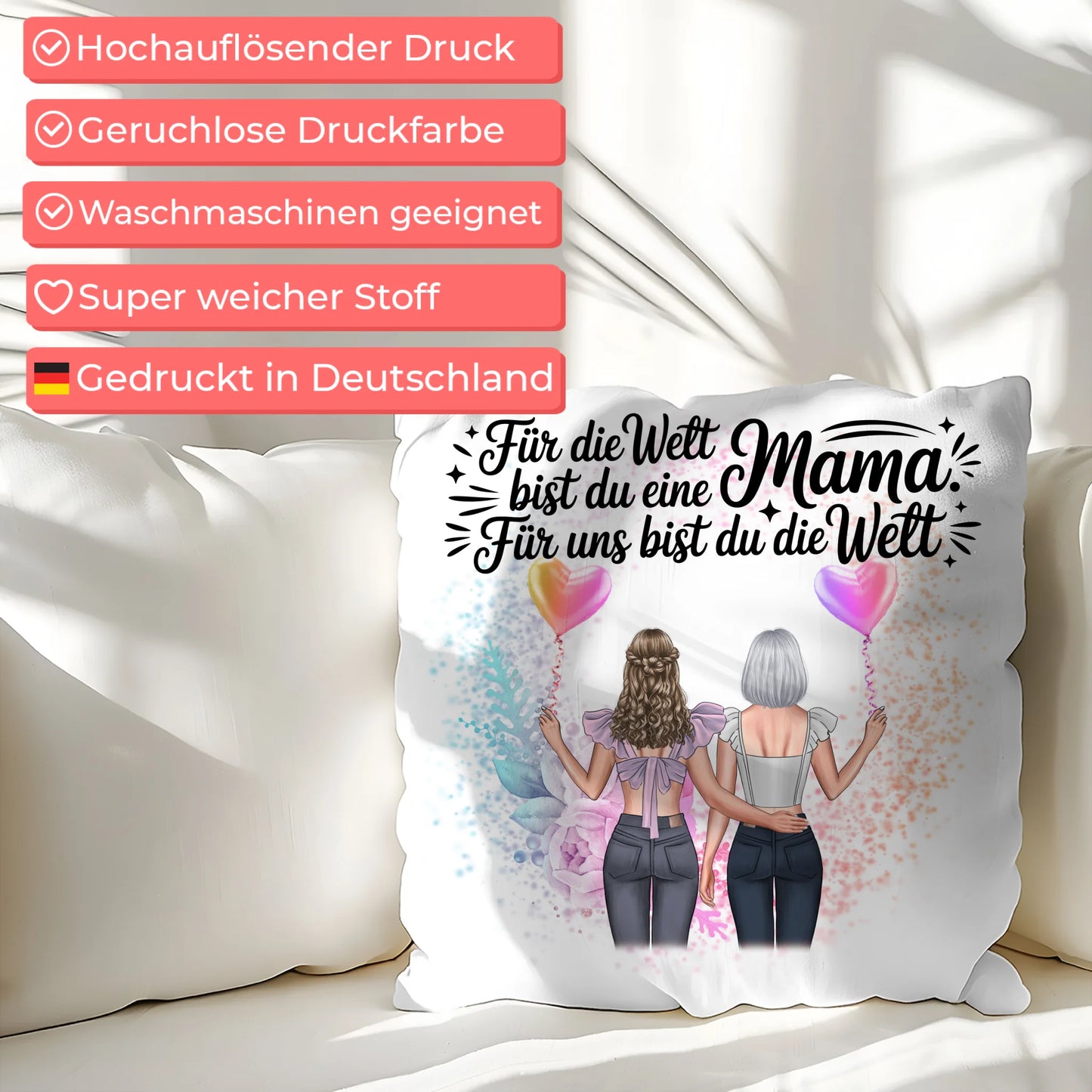 Kissen Für Mama personalisiert mit 2 Clipart Frauen, Namen, Hintergrundbild & Spruch