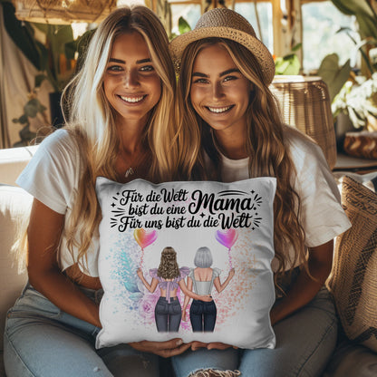 Kissen Für Mama personalisiert mit 2 Clipart Frauen, Namen, Hintergrundbild & Spruch