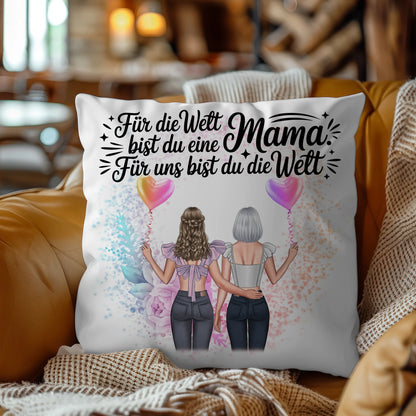 Kissen Für Mama personalisiert mit 2 Clipart Frauen, Namen, Hintergrundbild & Spruch
