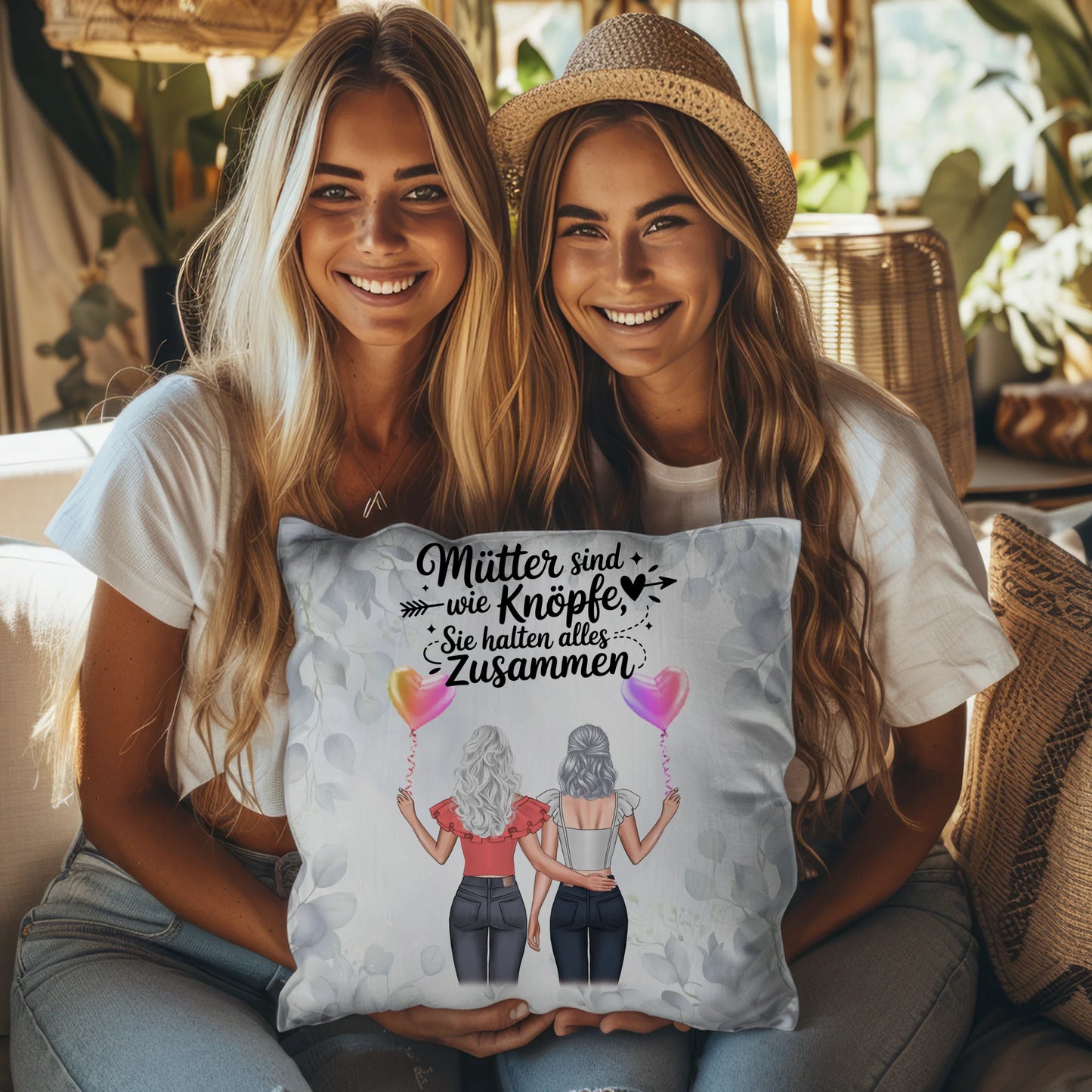 Kissen Für Mama - Personalisiert mit 2 Clipart Frauen, Namen, Hintergrundbild und Wunsch