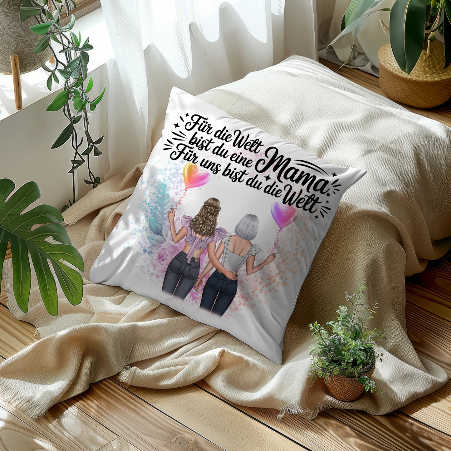 Kissen Für Mama personalisiert mit 2 Clipart Frauen, Namen, Hintergrundbild & Spruch