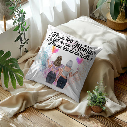 Kissen Für Mama personalisiert mit 2 Clipart Frauen, Namen, Hintergrundbild & Spruch