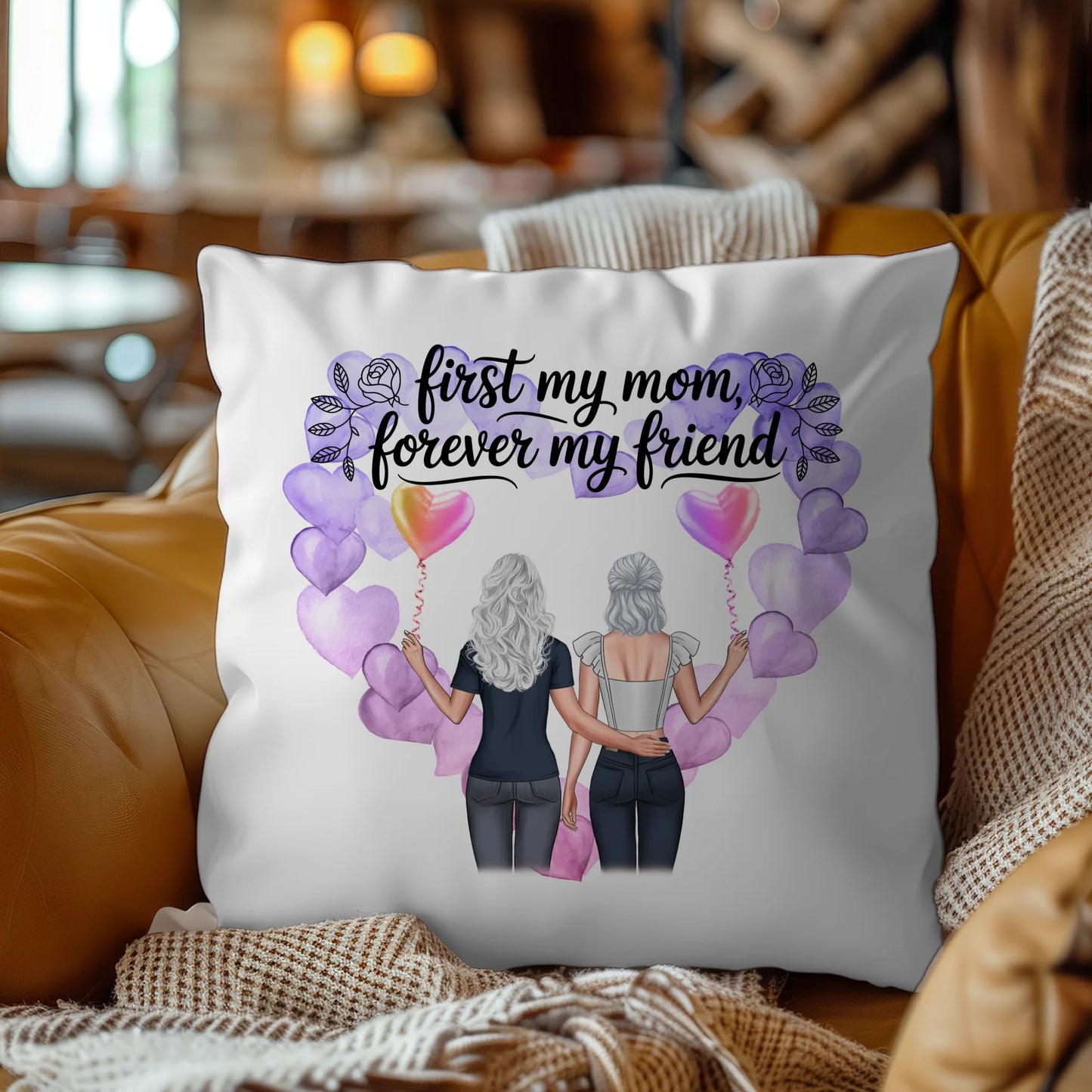 Kissen Mama personalisiert mit 2 Clipart Frauen, Namen, Hintergrundbild, Wunschtext