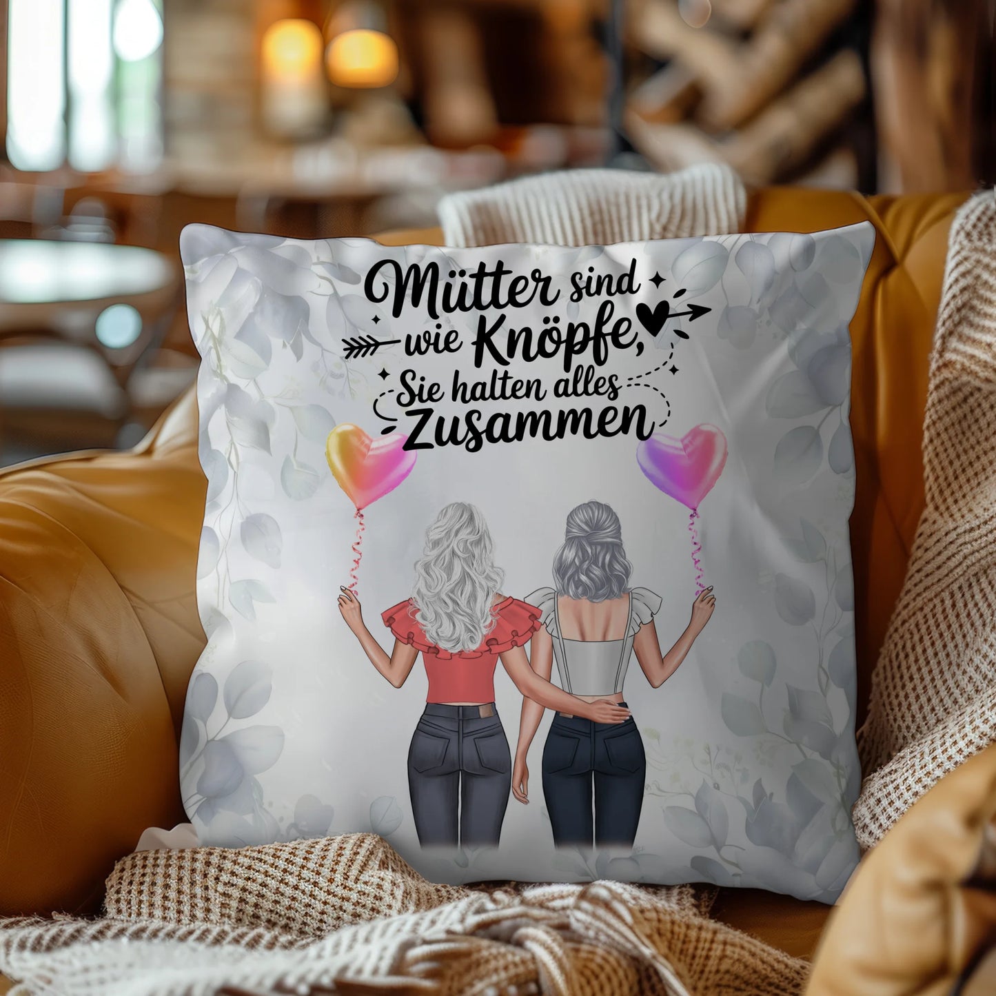 Kissen Für Mama - Personalisiert mit 2 Clipart Frauen, Namen, Hintergrundbild und Wunsch