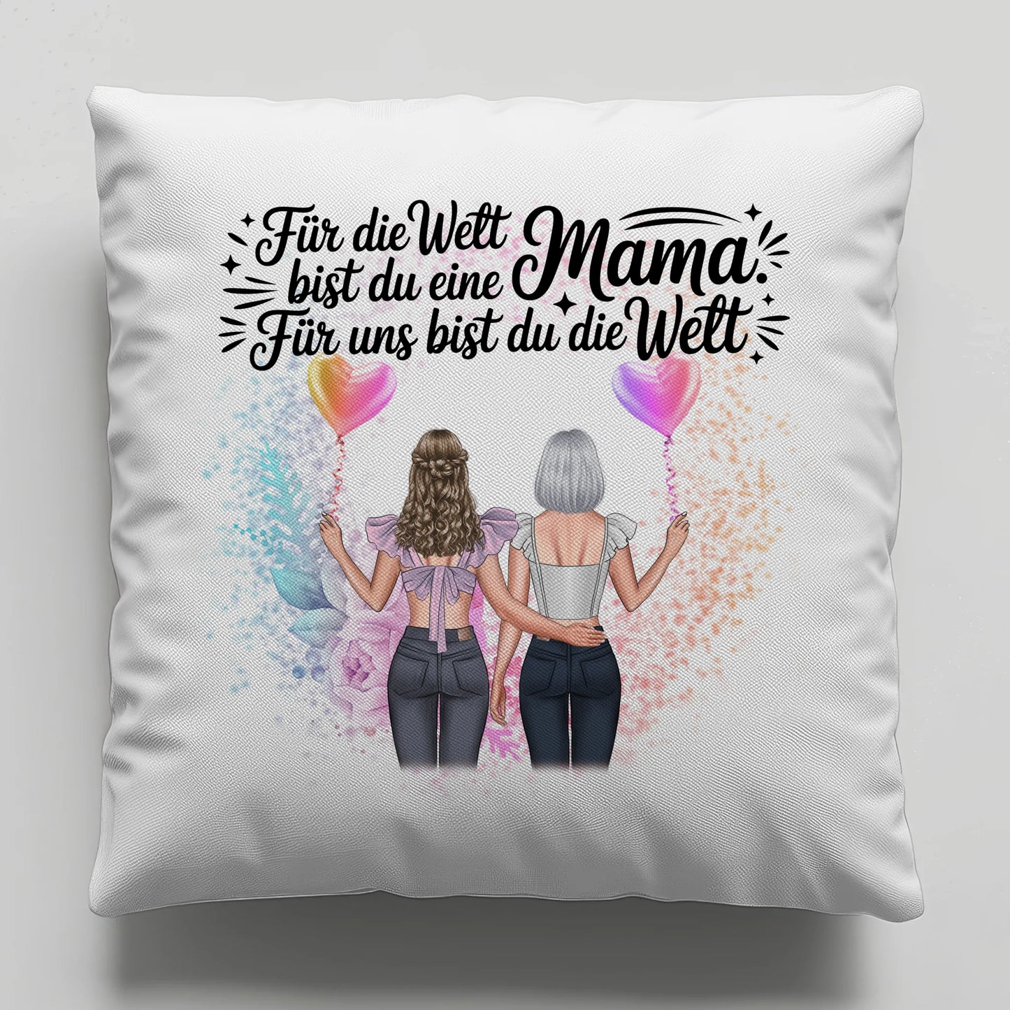 Kissen Für Mama personalisiert mit 2 Clipart Frauen, Namen, Hintergrundbild & Spruch