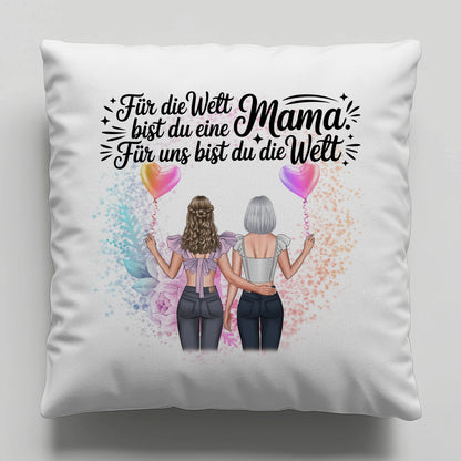 Kissen Für Mama personalisiert mit 2 Clipart Frauen, Namen, Hintergrundbild & Spruch