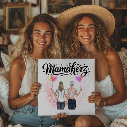 Mama Plakat Fotoboard Personalisiert Mamaherz mit 2 Frauen-Cliparts, Namen & Wunschtext