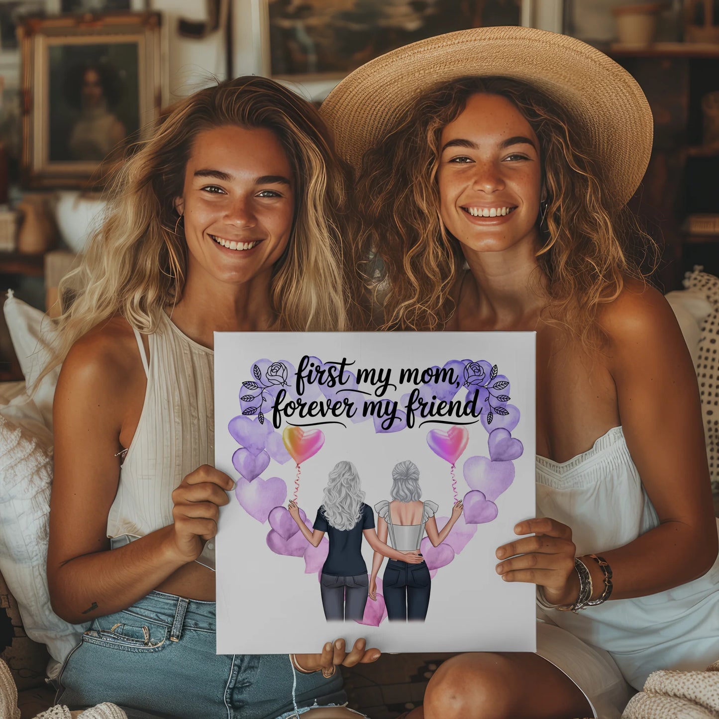 Personalisiertes Mama Plakat Fotoboard mit 2 Clipart Frauen, Namen Hintergrund & Wunschtext