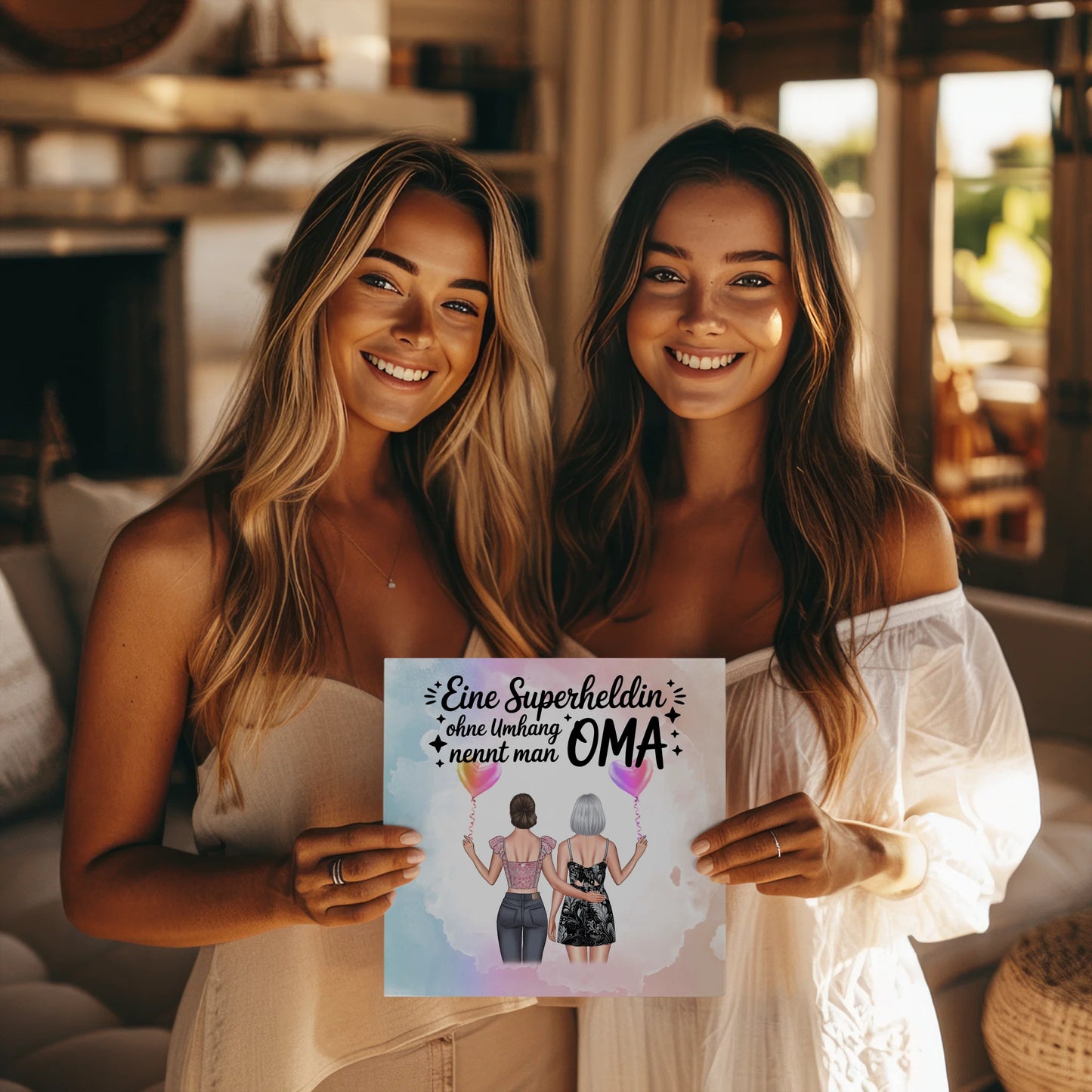 Personalisiertes Oma Plakat Fotoboard mit 2 Clipart-Frauen, Namen, Hintergrund & Wunschtext