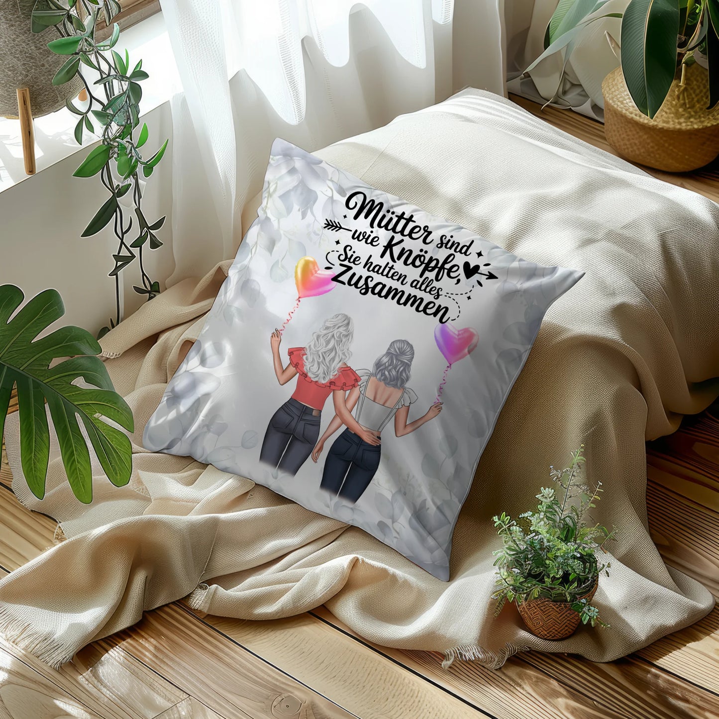 Kissen Für Mama - Personalisiert mit 2 Clipart Frauen, Namen, Hintergrundbild und Wunsch