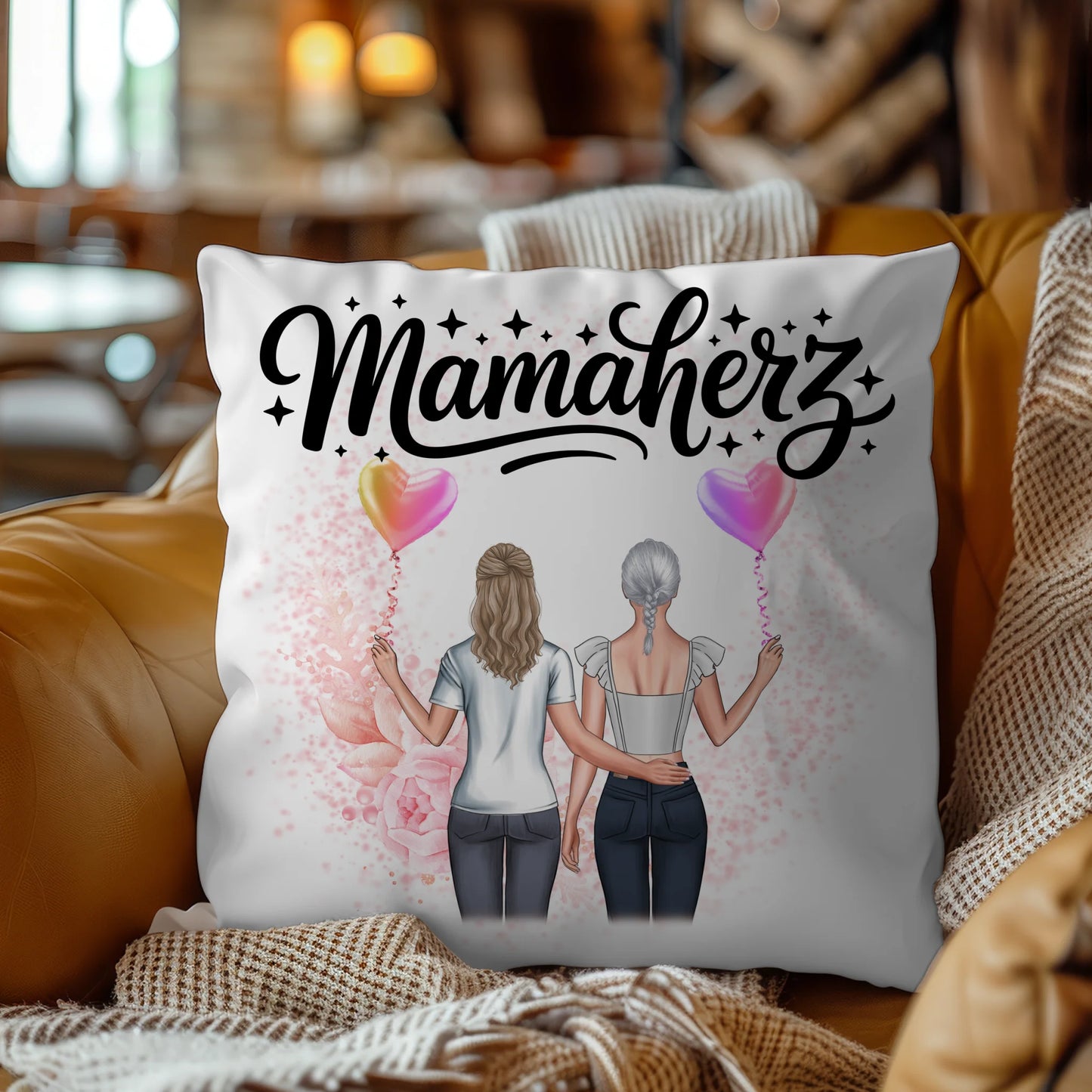 Namen Kissen Mamaherz personalisiert mit 2 Clipart Frauen, Hintergrundbild & Wunschtext