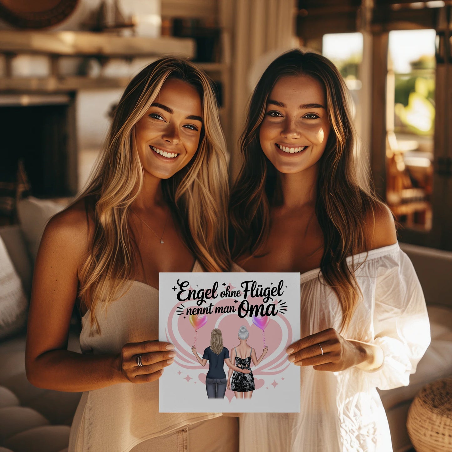 Oma Plakat Fotoboard Personalisierbar mit 2 Clipart Frauen, Namen, Hintergrundbild & Spruch