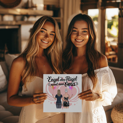 Oma Plakat Fotoboard Personalisierbar mit 2 Clipart Frauen, Namen, Hintergrundbild & Spruch