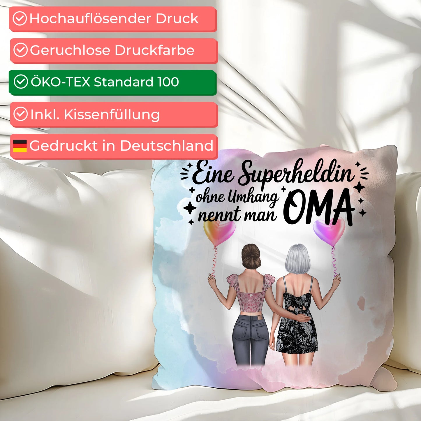 Kissen Beste Oma personalisierbar mit 2 Clipart-Frauen, Namen und eigenem Spruch