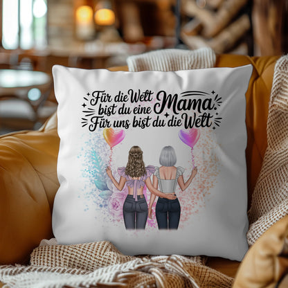 Kissen Für Mama personalisiert mit 2 Clipart Frauen, Namen, Hintergrundbild & Spruch