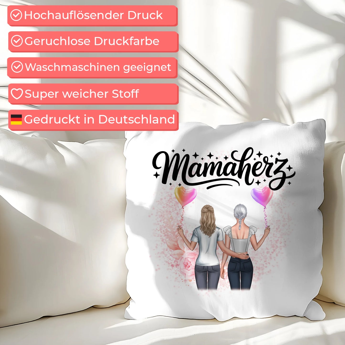 Namen Kissen Mamaherz personalisiert mit 2 Clipart Frauen, Hintergrundbild & Wunschtext