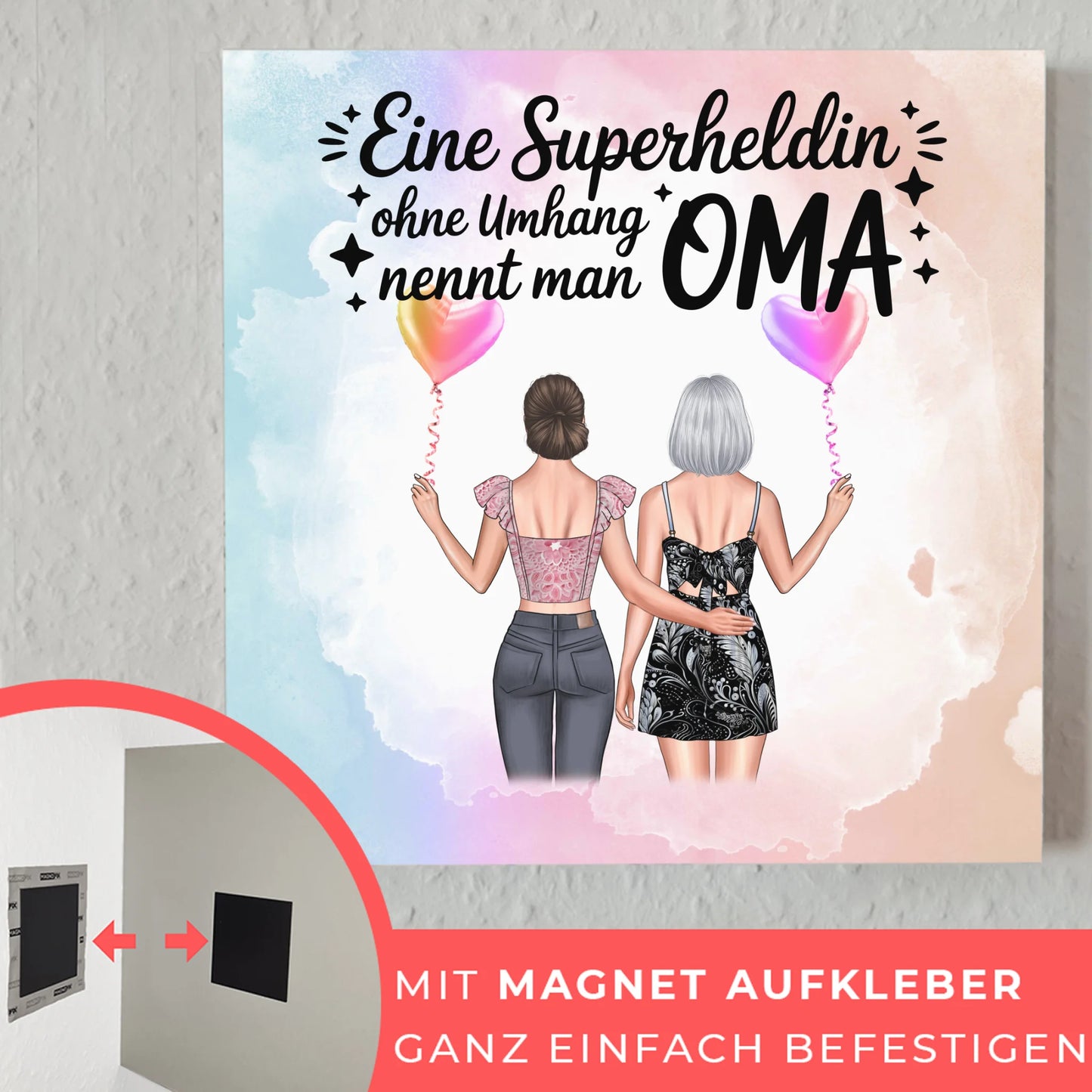Personalisiertes Oma Plakat Fotoboard mit 2 Clipart-Frauen, Namen, Hintergrund & Wunschtext