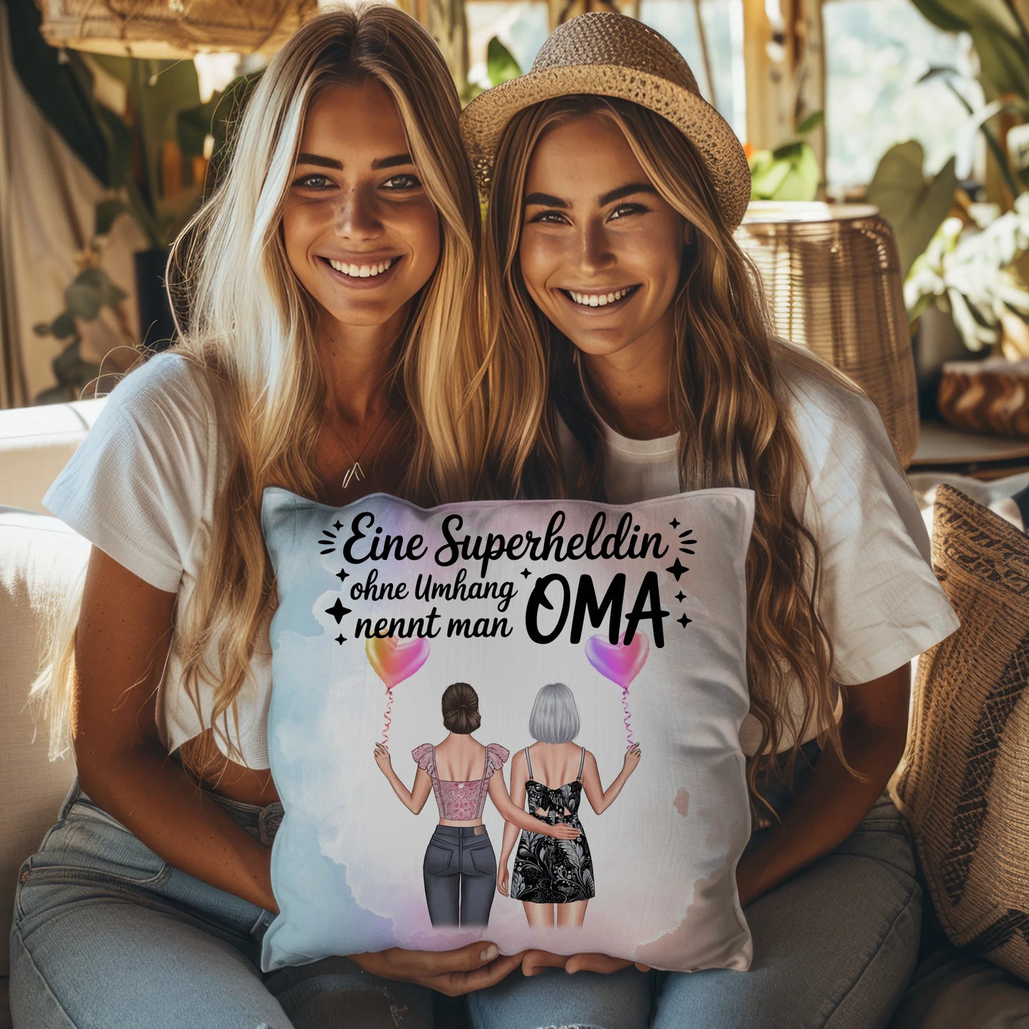 Kissen Beste Oma personalisierbar mit 2 Clipart-Frauen, Namen und eigenem Spruch