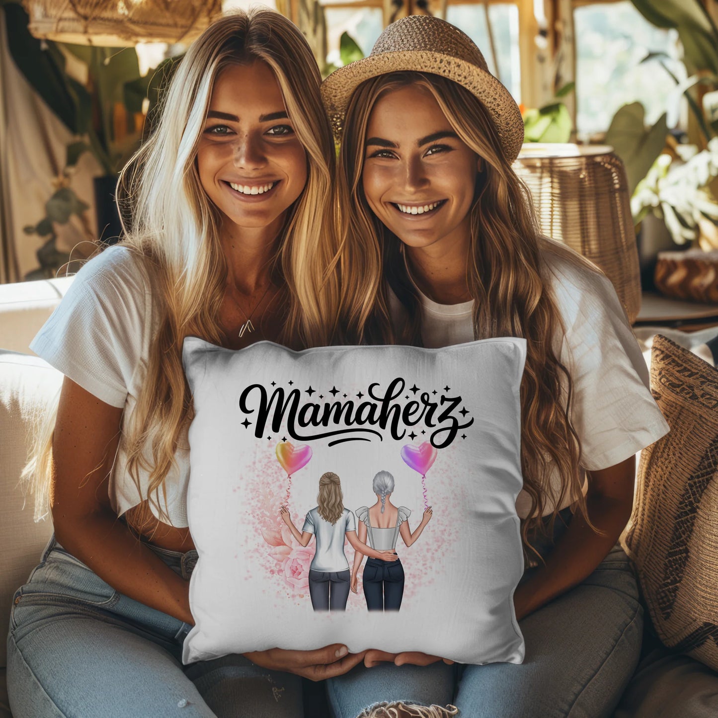 Namen Kissen Mamaherz personalisiert mit 2 Clipart Frauen, Hintergrundbild & Wunschtext
