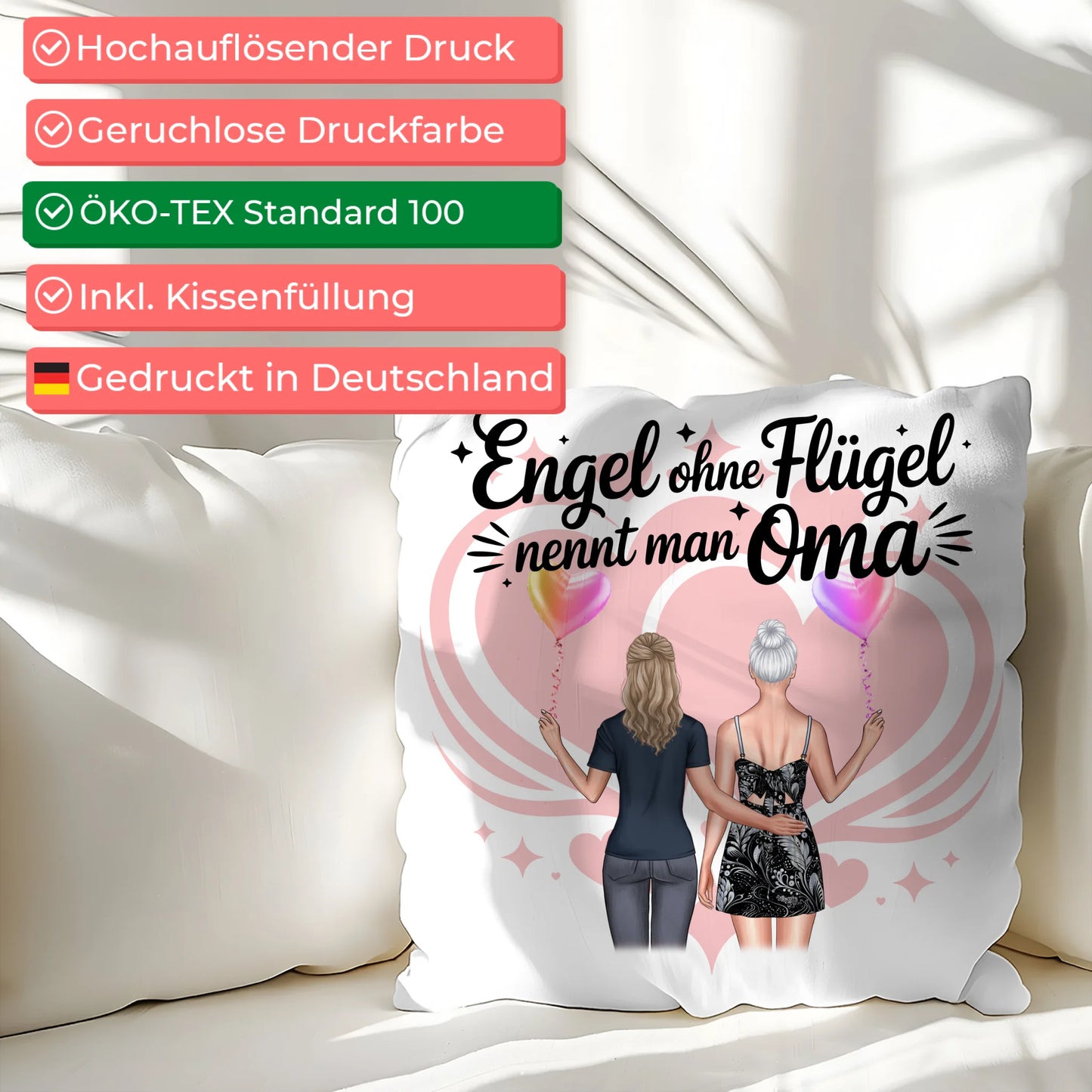 Personalisierbares Namen Kissen mit 2 Clipart Frauen, Oma Motiv und eigenem Spruch