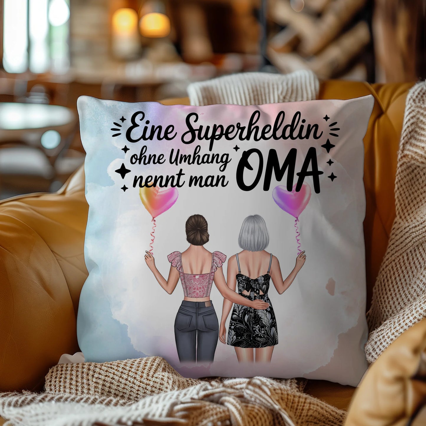 Kissen Beste Oma personalisierbar mit 2 Clipart-Frauen, Namen und eigenem Spruch