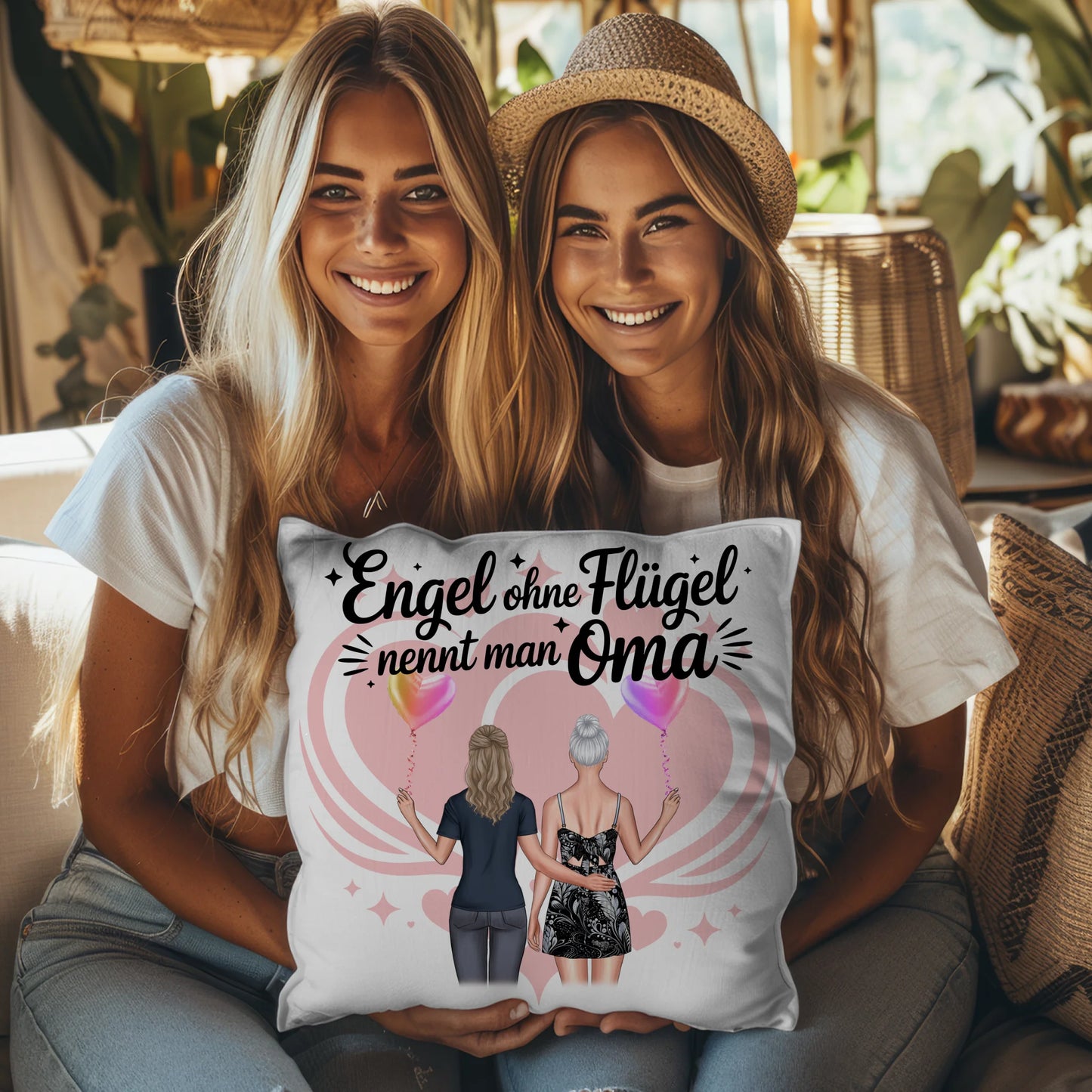 Personalisierbares Namen Kissen mit 2 Clipart Frauen, Oma Motiv und eigenem Spruch