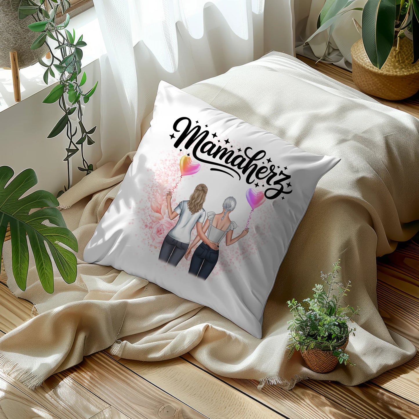 Namen Kissen Mamaherz personalisiert mit 2 Clipart Frauen, Hintergrundbild & Wunschtext
