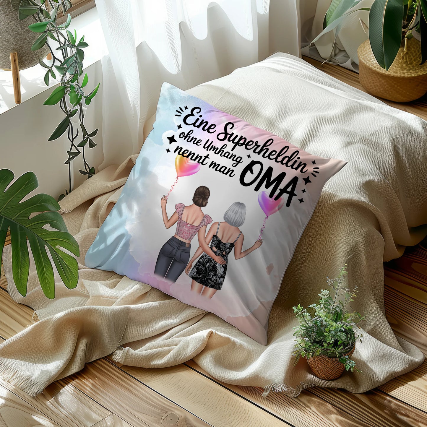 Kissen Beste Oma personalisierbar mit 2 Clipart-Frauen, Namen und eigenem Spruch