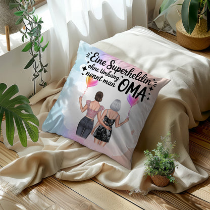 Kissen Beste Oma personalisierbar mit 2 Clipart-Frauen, Namen und eigenem Spruch